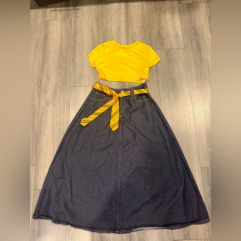 Yellow Crop Top and Denim Skirt with Striped Belt